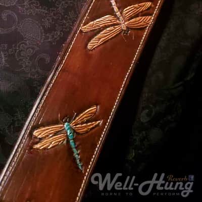 Well-Hung Dragonfly 2-3/4" wide padded leather guitar strap - Dark Brown, Irridescent Dragonflies image 5