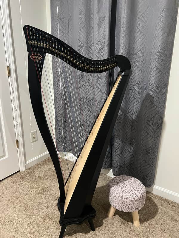 Dusty Strings USA Ravenna 34 Harp with Full Levers, Stand, Case, extra .028 harp string,Tuner