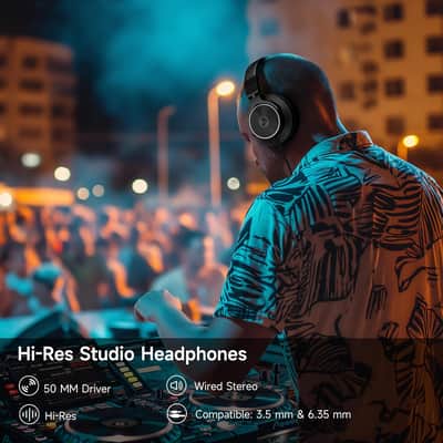 Wired Over Ear Headphones, Studio Monitor & Mixing DJ Headphones with 50mm Neodymium Drivers and 1/4 to 3.5mm Jack for Guitar AMP Podcast Piano Keyboard (Black) image 2
