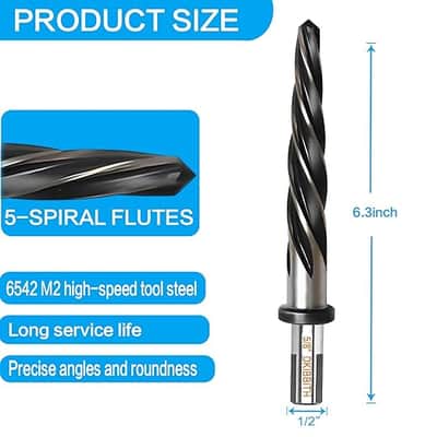 5/8” Bridge Construction Reamer Drill Bit, M2 HSS Taper Chucking Reamer for Steel Alloy Metal Wood Plastic, 1/2" Non-Slip Shank, 5-Spiral Flutes Car Reamer, to Align or Enlarge Holes, 16mm image 2