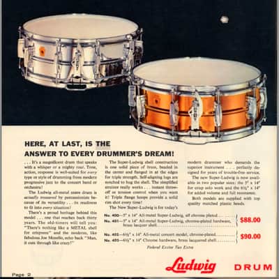 Ludwig 14x5" #401 Super Ludwig (Supraphonic) Brass Snare Drum, Super Rare 1960. Excellent! image 2