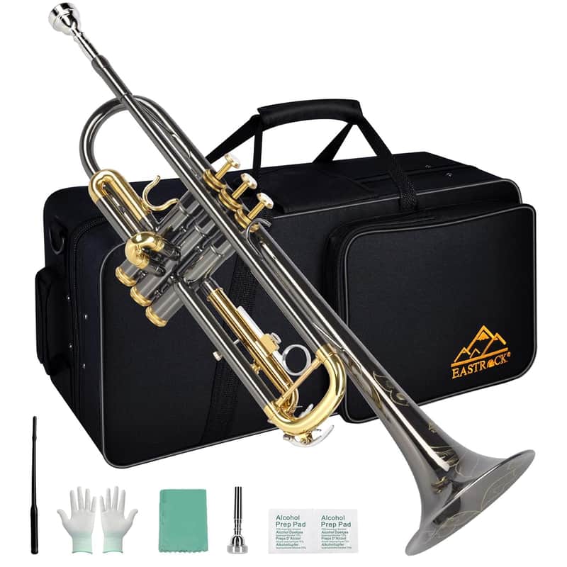 Bb Trumpet Standard Trumpet Set With Carrying Case,Gloves, 7C Mouthpiece, Cleaning Kit, Tuning Rod, Black Nickel,Hand Carved Craft image 1