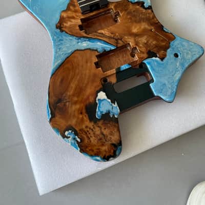 Vibrato system 24frets Handmade Custom Headless Guitar Body Neck Kit, Full Solid Mahogany Core, In-body Poured Marbled Blue Epoxy Resin & Burl Wood Grain, 5P Roasted Flamed Maple Neck with Truss Rod, Unfinished Build Your Own Electric Guitar "T contour" image 8