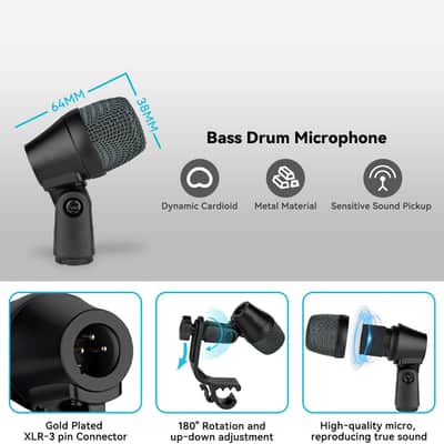 Wired Drum Microphone Kit,7-Piece Full Metal Dynamic Mic-Kick Bass Snare and Cymbals,Use for Drums Vocal Other Instrument Complete with Thread Clip Inserts Mics Holders,Carrying Case image 3