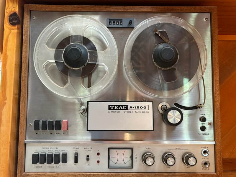 TEAC A-1200 3-head 3-motor R2R 2-track 1/4" stereo 7" reel to reel recorder tape deck player 1960s - stained wood and stainless steel image 1