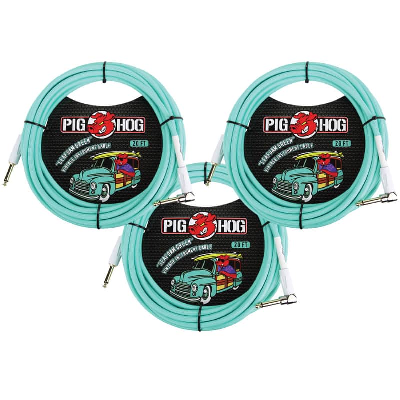 3 - Pack Pig Hog PCH20SGR Right Angle Vintage Woven Instrument Guitar Cable 20ft Seafoam Green - NEW image 1