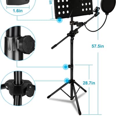 Music Stand for Sheet Music with Mic Pole, All-In-One Folding Sheet Music Stand with Pop Filter & Phone Holder, Portable Music Book Stand with Light & Clips for Violin Guitar Ukulele Violin Players image 2