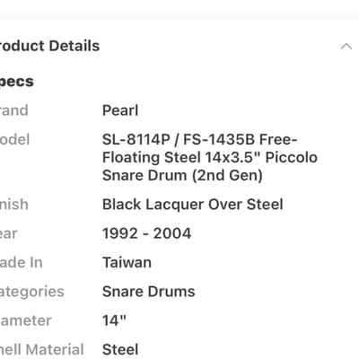 PEARL DRUMS  3-1/2” x14” Free Floating Steel Shell  Piccolo Snare Model number SL-8114P 1997 - Black image 14