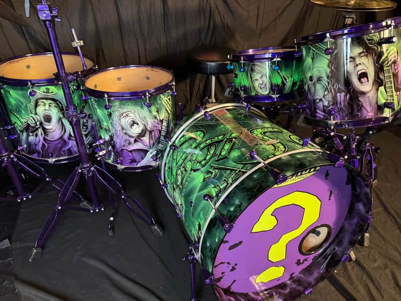 Rikki Rockett's Poison, Rockett Drum Works "Zombie" Kit: 22", 12", 14", 16", 6x14" Snare.  Purple Hardware 2012 - Custom Graphics By Craig Fraser. SIGNED! image 1