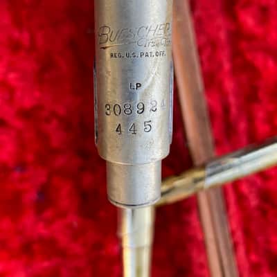 VINTAGE 1940s Buescher 400 True Tone LOW PITCH 445 TROMBONE 'Angled Poles' GOOD/AVG condition,  OWNER ENGRAVED NAME ON BELL image 9