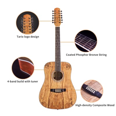 TARIO 12 Strings Acoustic Guitar Spalted maple Top Mahogany back & sides Okoume Neck image 4