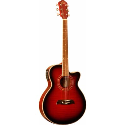 Oscar Schmidt OG10CEFTR Concert Cutaway Acoustic Electric Guitar, Flame Transparent Red for sale