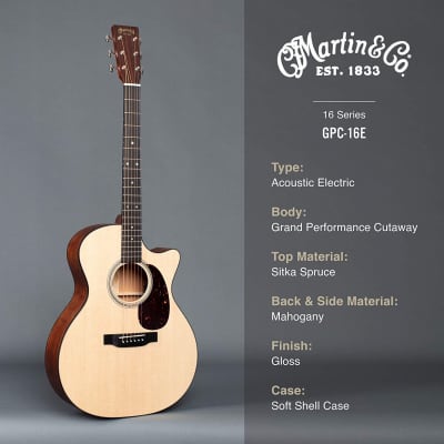 Martin Guitar GPC-16E Mahogany with Gig Bag, Acoustic-Electric Guitar, Mahogany and Sitka Spruce Construction, Gloss-Top Finish, GP-14 Fret, and Low Oval Neck Shape image 5
