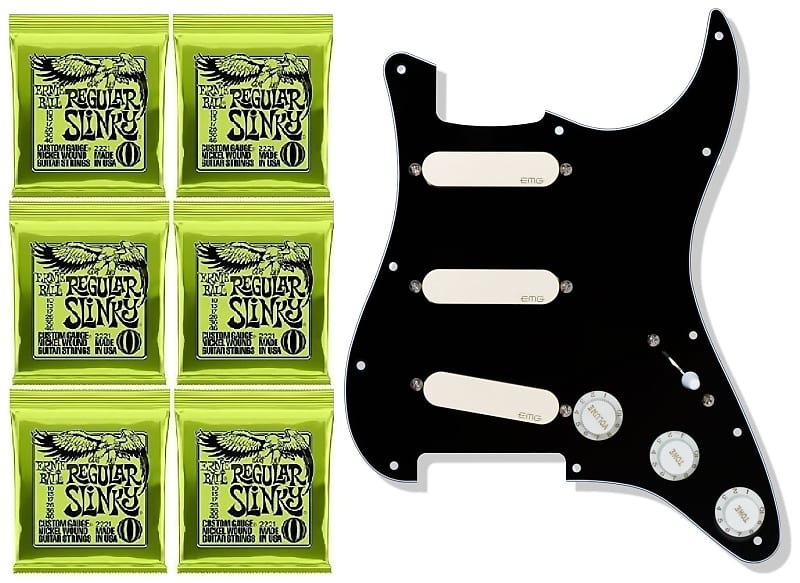EMG DG20 David Gilmour Black Pre-Wired Pickguard w/SA Ivory Single Coil  Pickup Set On w/ SPC & EXG CONTROLS & PARCHMENT KNOBS ( 6 EB STRING SETS )