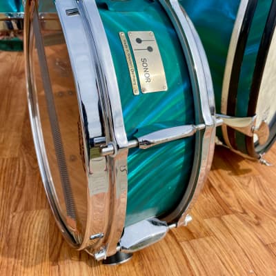 1960s Sonor Teardrop Drum Set Multi-Brilliant Turquoise Satin Flame Blue/Green 20/12/16/5x14 image 7