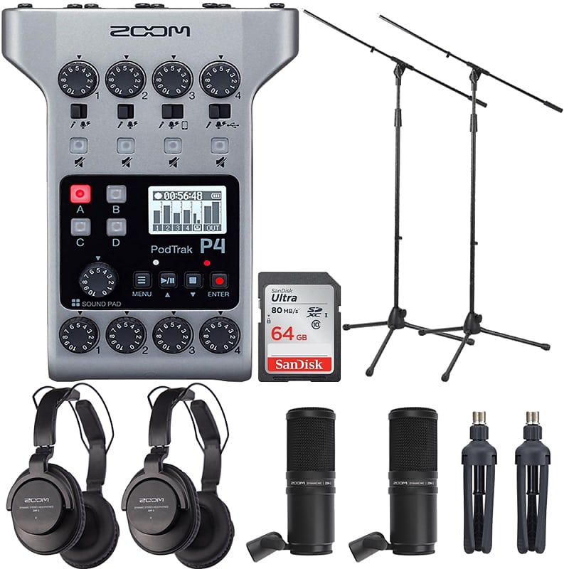 Recorder　Bundle　Podcast　Portable　With　Boom　Zoom　Windscreen　Zoom　Microphone,　Microphone　2x　Headphones,　Podcast　Mic　2x　SPRM1　P4　PodTrak　Cable　Accessory　Card　Multitrack　Stand,　64GB　ZDM-1　Memory　Pack　Tripod,　Reverb