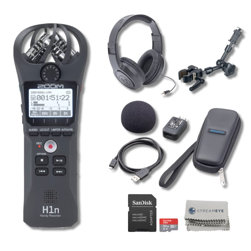 Zoom H1n-VP Portable Handy Recorder with Windscreen, AC Adapter, USB Cable  & Case (Black) Bundle with PowerDeWise Pro Lavalier Mic Clip, 32GB Memory  Card and AA Alkaline Batteries Pack