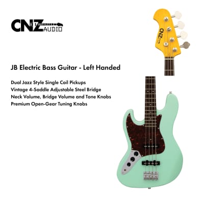 CNZ Audio JB Left Handed Electric Bass Guitar - Maple Neck, Red Tortoise Pickguard, Sunburst image 5