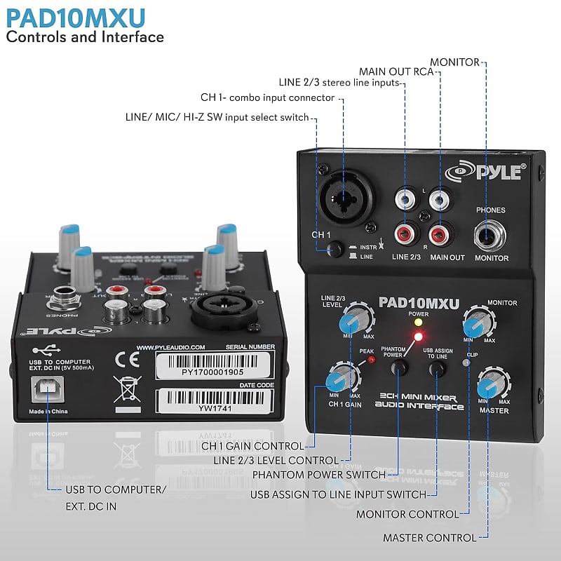  Pyle 5 Channel Audio Mixer - DJ Sound Controller Interface with  USB Soundcard for PC Recording, XLR 3.5mm Microphone Jack, 18V Power, RCA  Input and Output for Professional and Beginners -PAD20MXU 