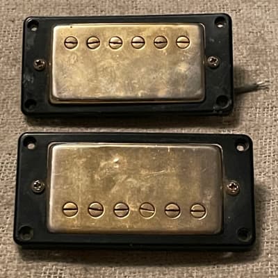 Set of 2 1970's Maxon Humbucker Pickups Gold Covers Plus Black