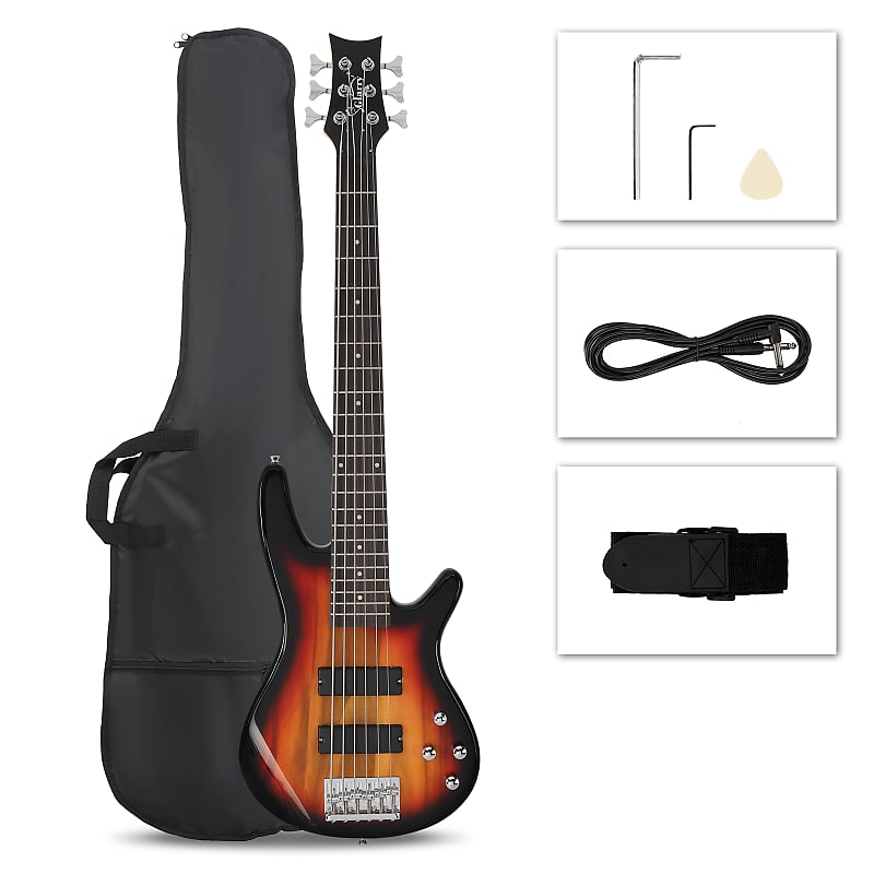 Glarry Full Size GIB 6 String H-H Pickup Electric Bass Guitar Bag Strap Pick Connector Wrench Tool 2020s - Sunset Color image 1
