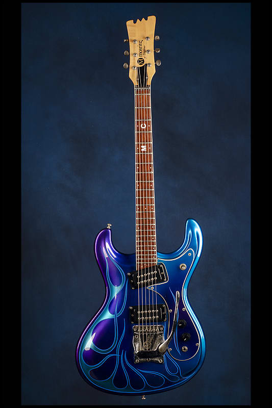 Mosrite [Vibramute Model] specially built for Mick Mars of Mötley Crüe by Semie Mosely 1991 Metallic blue/purple with flame pinstriping image 1