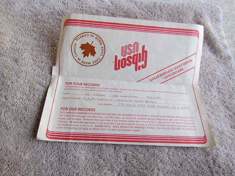 Gibson 335 Dot Warranty Card 1991 Gibson Warranty Card For Reverb