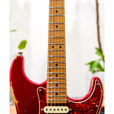 Luxxtone Choppa S Heavy Aging HSS-Candy Apple Red w/Tortoise Pickguard & 1-Piece Roasted Flame Maple Neck image 4
