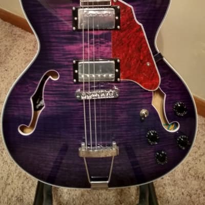 Grote Purple Flame Top Maple semi hollow body guitar with padded gig bag image 2