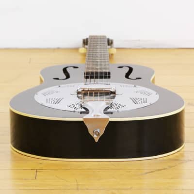 1980s Vintage Regal Resonator Acoustic Guitar Round Neck with F Holes Black & White Binding OHSC image 10