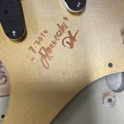 FREAKIN! Danocaster Strat 2014 Nicotine White with Anodized Gold Pickguard V-Neck (Video Demo) image 23