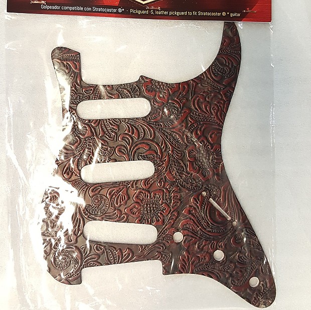 Leather Pickguard, fits Stratocaster, Floral style, Red image 1