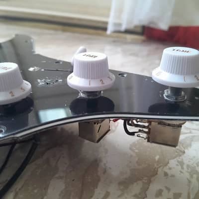 Handmade prewired SSS NEODYMIUM Stacked coils PU's Strat pickguard with HB split on N&B, volume TR BL and mid PU cutoff switch image 5