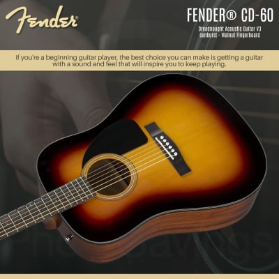 Fender CD-60 Dreadnought Acoustic Guitar Sunburst (V3) + Deluxe Bundle image 3