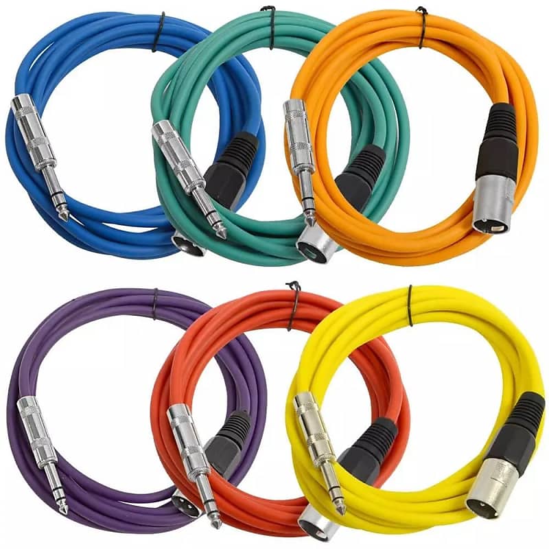 6 Pack Of Multiple Colors 10 Foot Xlr Male To Trs Patch Cables image 1