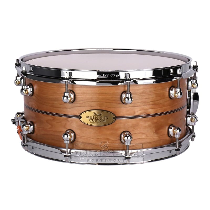 Used Pearl Music City Custom Solid Cherry 14x6.5 Snare Drum Natural w/Kingwood Inlay image 1