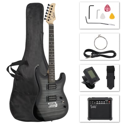 Glarry GST Stylish H-H Pickup Tiger Stripe Electric Guitar Kit with 20W AMP, Bag, Guitar Strap 2020s -Black image 1