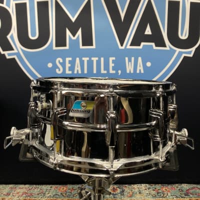 Ludwig No. 411 Super-Sensitive 6.5x14" 10-Lug Aluminum Snare Drum with Pointed Blue/Olive Badge 1976 - 1977 - Chrome-Plated image 1