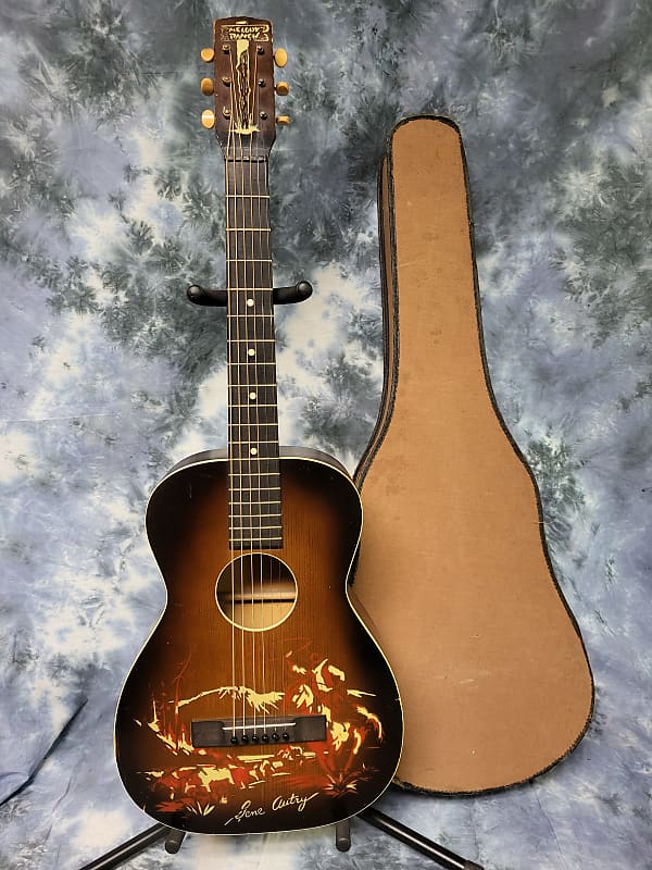 Vintage 1950 Melody Ranch Gene Autry Cowboy Stenciled Parlor Guitar Pro Setup Original Rear Load Soft Shell Case image 1