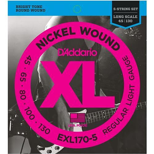 D'Addario XL 5-String Nickel Wound Long Scale Bass Guitar Strings - EXL170-5 / Light image 1