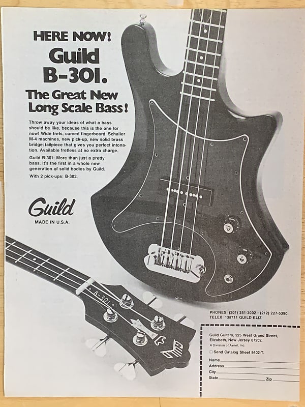 1977 Guild B-301 Bass Original Black & White Magazine Printed | Reverb