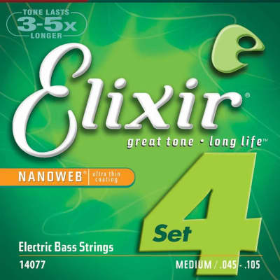 Elixir 14077 Nanoweb Nickel Plated Steel 4-String Electric Bass Strings -  Medium (45-105) | Reverb