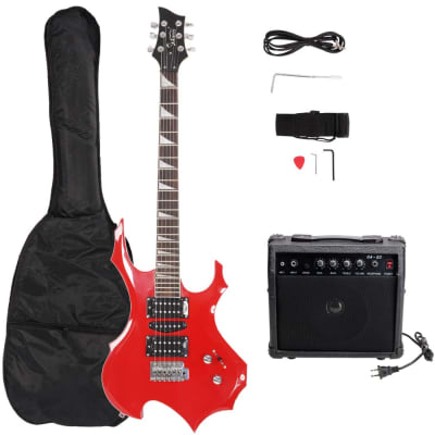 Glarry Flame Shaped Electric Guitar with 20W Electric Guitar Sound HSH Pickup Novice Guita - Red image 1
