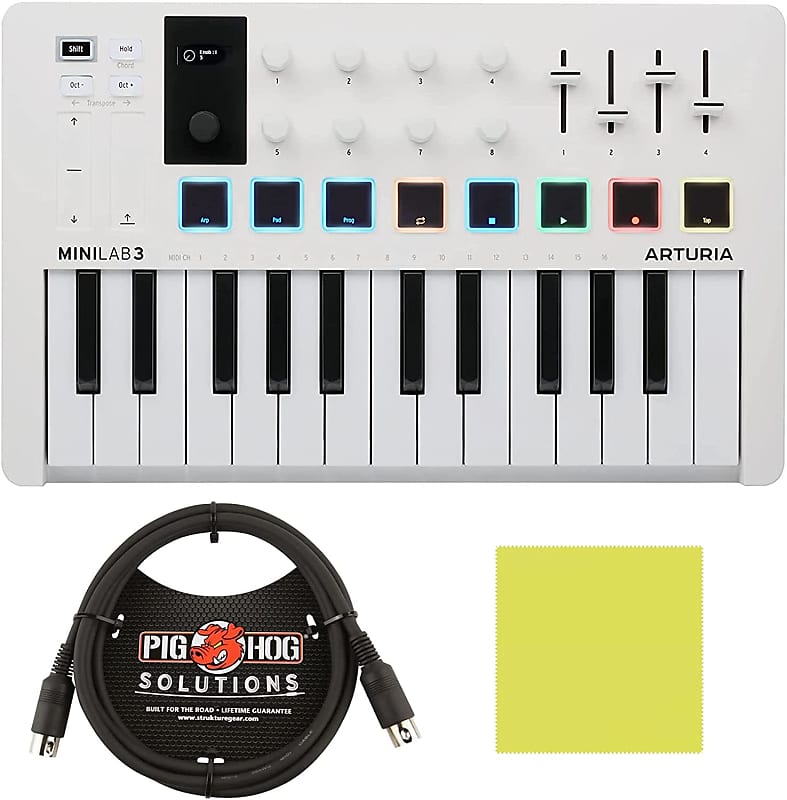 Arturia MiniLab 3 Hybrid MIDI Keyboard Controller Bundle PigHog MIDI Cable  & Liquid Audio Polishing Cloth (3 Items)