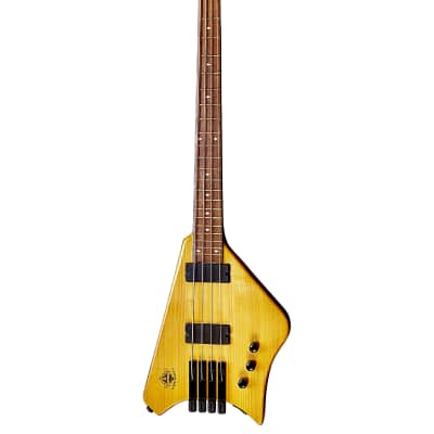 BootLegger Guitar Ace 4  String Headless Bass Honey Clear 7.8 Lbs With Stiletto Case & Flask image 5