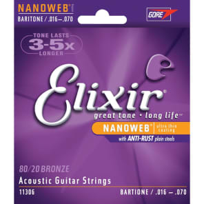 Elixir 11306 Nanoweb Nickel Plated Steel Baritone Acoustic Guitar Strings (16-70)