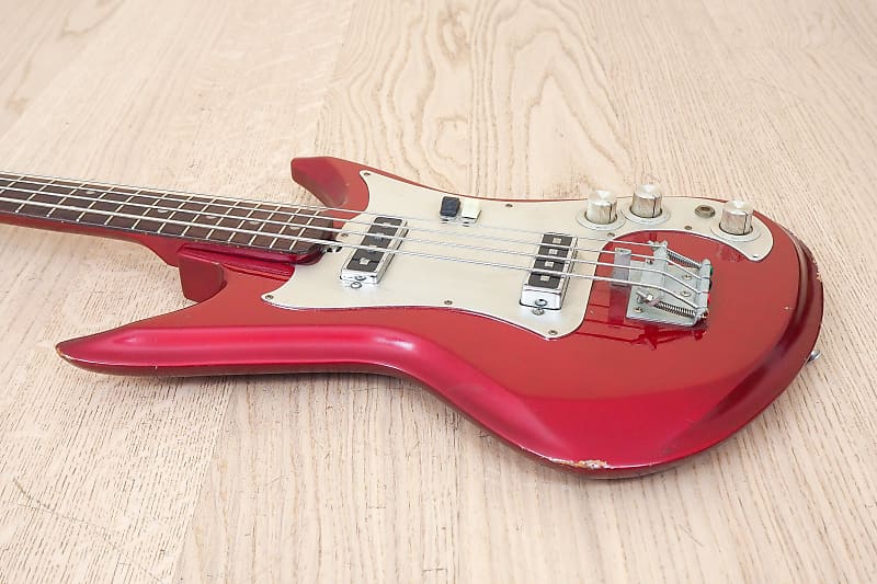 1960s Teisco KB-2 Vintage Shortscale Bass Guitar Red Shark Fin Body Japan  w/ Gigbag