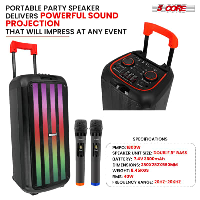 5 Core 8 " Inch Karaoke Machine Bluetooth Portable Trolley Speaker PA System with Remote Control 2 Wireless Microphones Subwoofer Singing Machine for Christmas Party Wedding  PLB 8X2 2MIC image 2