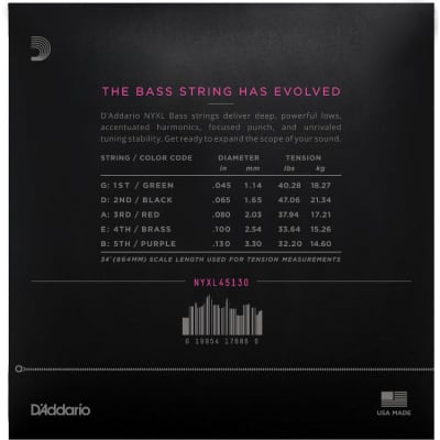 1 Set D'Addario NYXL45130 Nickel Wound Super Light 5 String Bass Strings 45-130 image 2