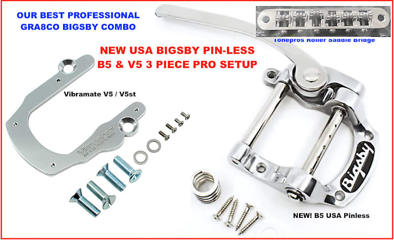 NEW Pinless Bigsby B5P Vibrato, Vibe V5 mount, 3pc set w/ TonePros Roller  Bridge fits Gibson StopTail | Reverb